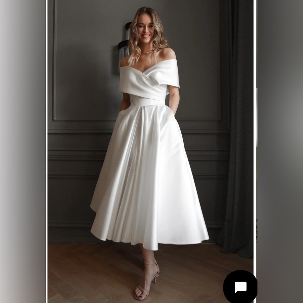 Light ivory Satin Midi Wedding Dress Cameron
